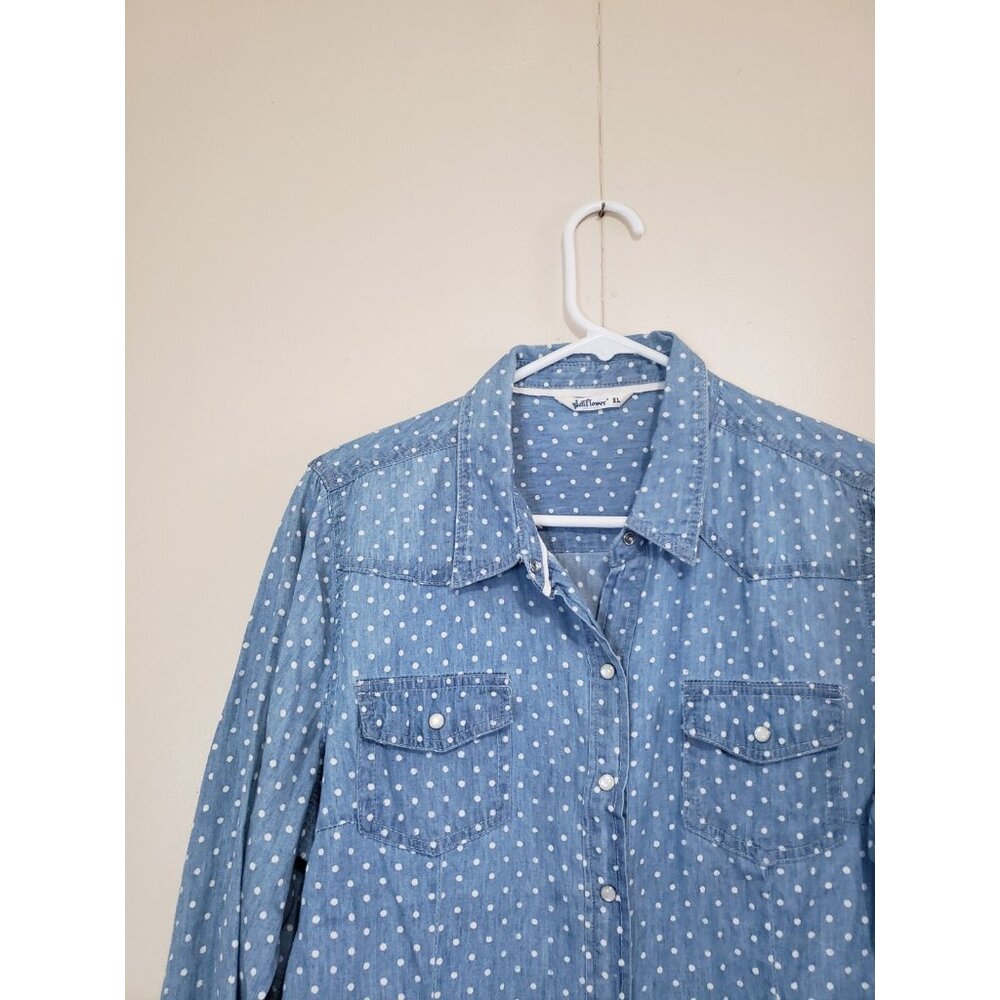 Wallflower Womens XL Blouse Pearl Snap Front Denim Chambray Polka Dot Western - Picture 3 of 6